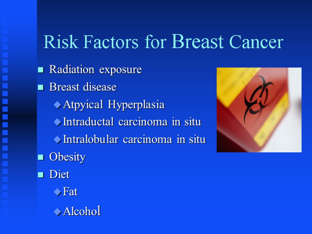 Risk Factors for Breast Cancer Radiation exposure Breast disease Atpyical Hyperplasia Intraductal carcinoma in